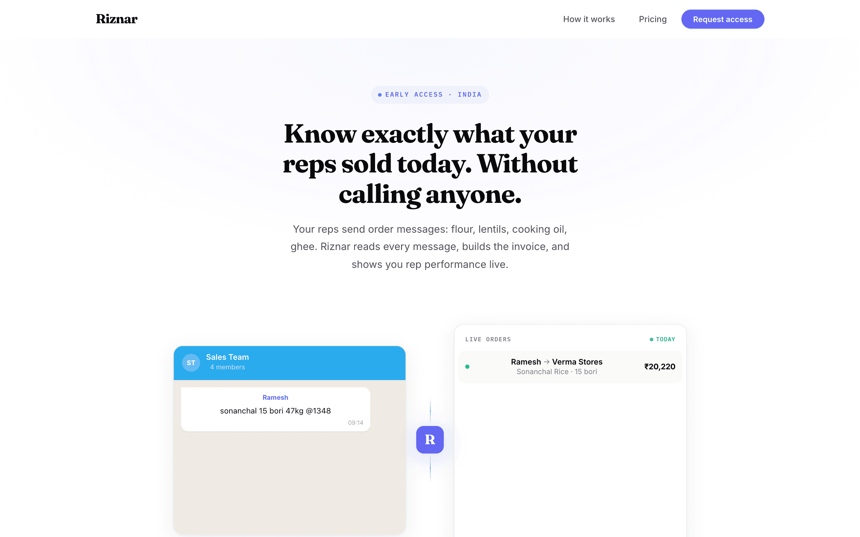 Riznar landing page: know exactly what your reps sold today