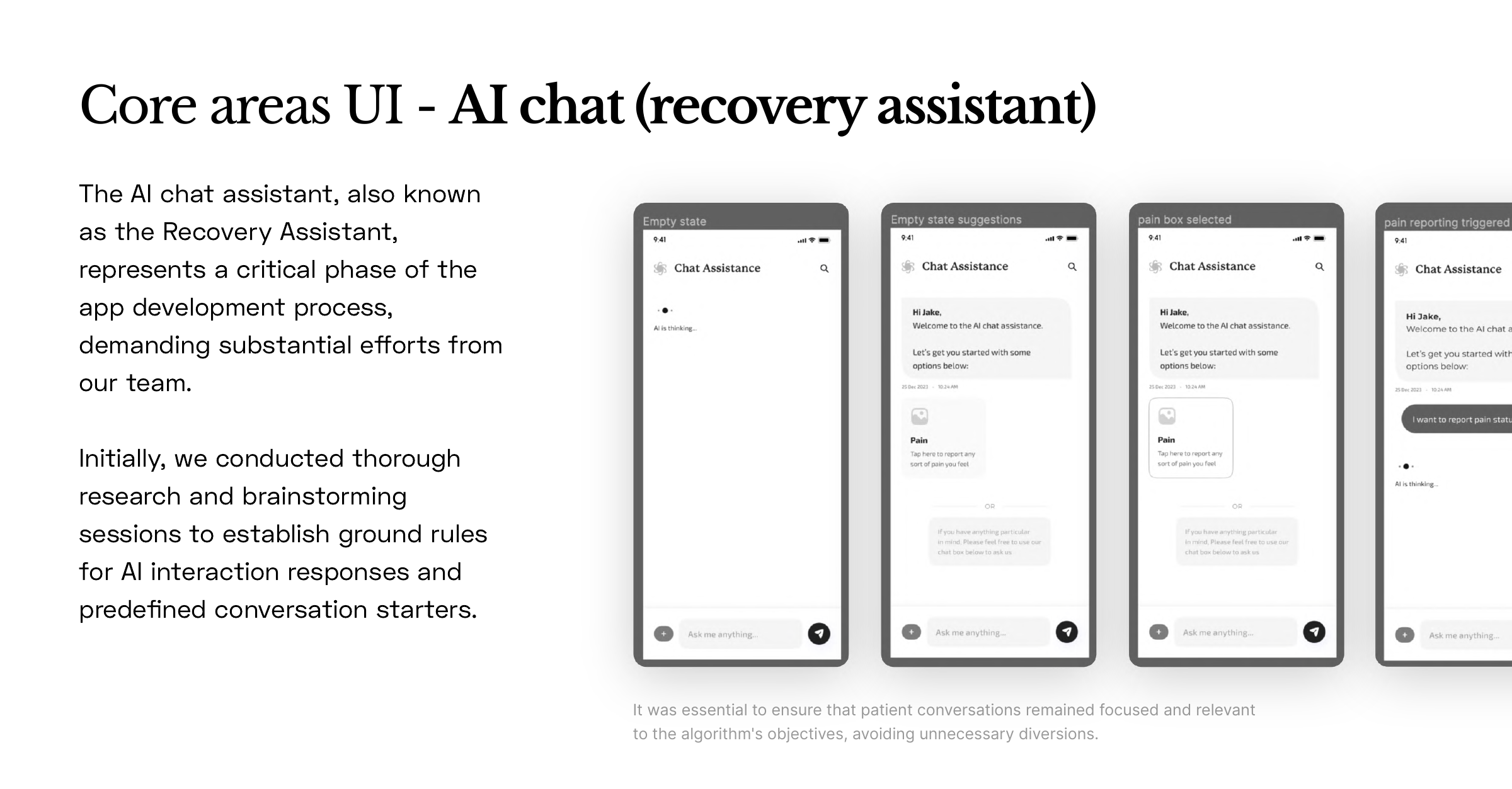 The AI recovery assistant: empty states, suggestions, and bounded, on-topic responses