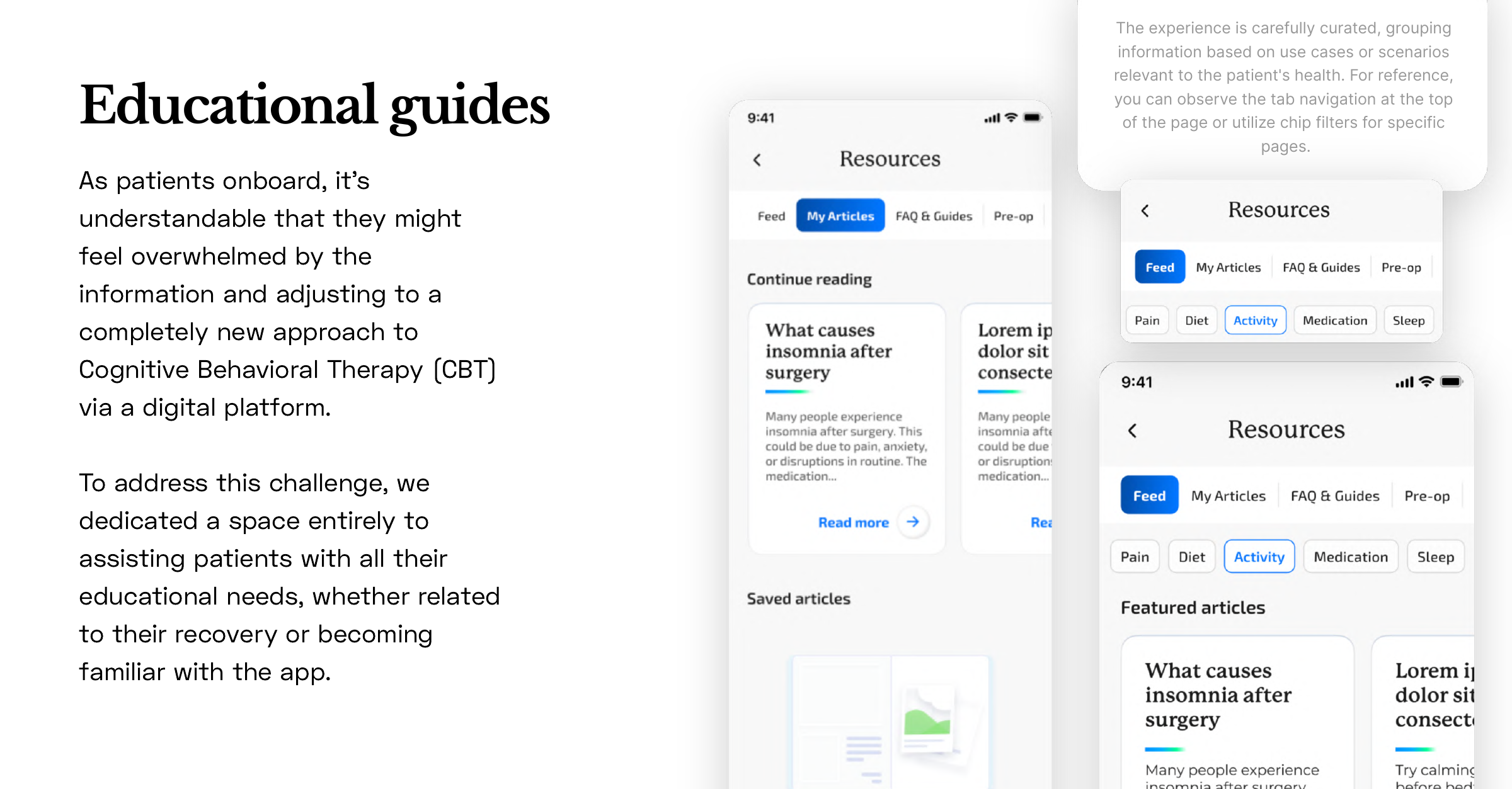 Educational guides: curated, grouped resources matched to each recovery stage